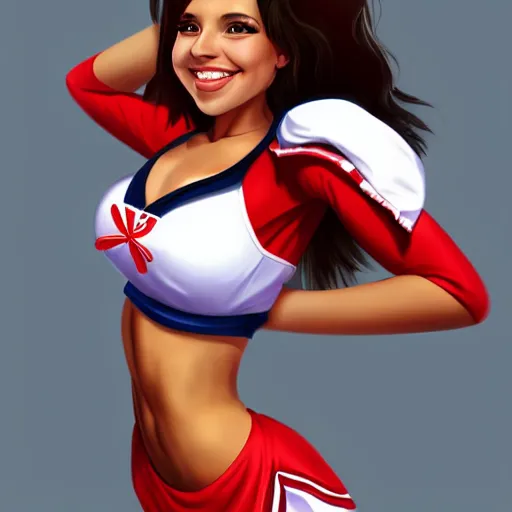 Prompt: very very very beautiful cheerleader, making eye contact, smiling, flirty, perfect body, perfect face, drawn by artgerm