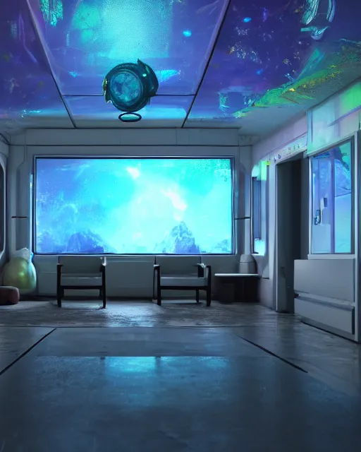 Image similar to artstation scifi scene of a safe room as ikea ad, lounge furniture, sky mural on the room ceiling, holographic art walls, windows, large terrarium, paneled walls, unreal engine 5, hyper realism, realistic shading, cinematic composition, blender render, octane render, hdr, detailed textures, photorealistic, wide shot