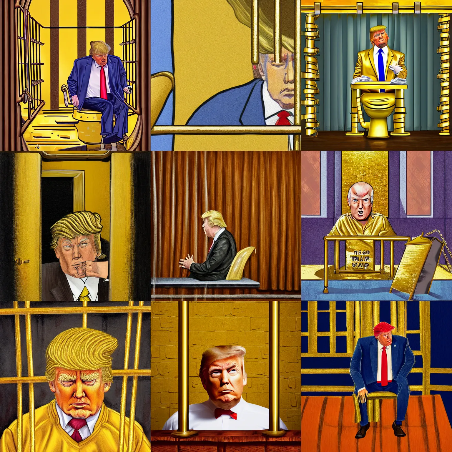 Prompt: trump in a golden jail cell, behind golden bars, with a gold toilet in the background. trump is sitting on the bed sad and bloated. his golden hair disheveled revealing his bald spot. he is crying. detailed illustration. photorealistic oil painting.