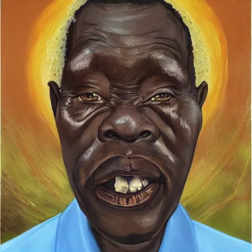 Prompt: a painting of a fatherly wide forehead, round face, XXL , loving, caring, generous, ever-present, humble, wise elder from Kenya in a suit by Wangechi Mutu . Fatherly/daddy, focused, loving, leader, relaxed, ethereal blue heavenly lights, details from behind, smooth, sharp focus, illustration, realistic, cinematic, artstation, award winning, rgb , unreal engine, octane render, cinematic light, macro, depth of field, blur, red light and clouds from the back, highly detailed epic cinematic concept art CG render made in Maya, Blender and Photoshop, octane render, excellent composition, dynamic dramatic cinematic lighting, aesthetic, very inspirational, arthouse.