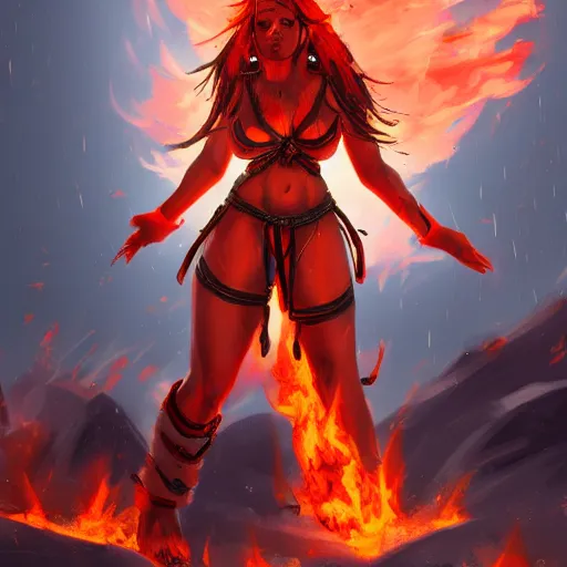 Image similar to Hot fire goddess, skin of flames, rampaging, stormy background, forest fire, breathing fire, fire in hand, concept art, artstation, 4k