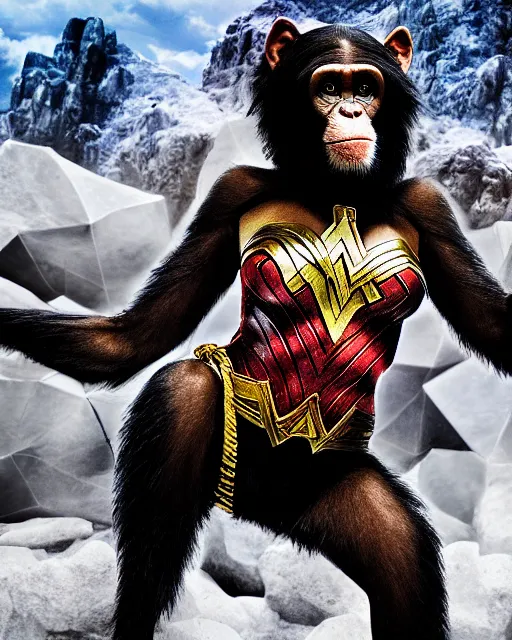 Image similar to photo of a Chimpanzee dressed as Wonder Woman standing in Superman’s Crystalline fortress of Solitude. Photography in the style of National Geographic, photorealistic