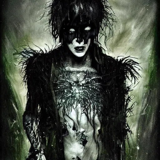 Image similar to emaciated ( the cure fan ) as dream from sandman, dim stars as eyes, by jeremy mann, by cedric peyravernay, by by russ mills, by richard avedon and ben templesmith, dramatic lightning, sadness, dark eye sockets, in the green shadows, punk rock, gothic, high detailed, 8 k