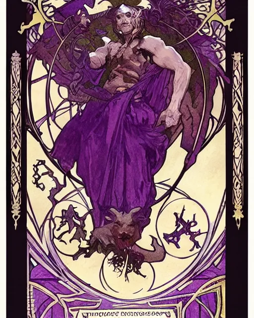 Image similar to tarot card, head and chest only, the devil, demon male, black and purple robes, beautiful, medieval, super detailed, ornate, by alphonse mucha, stjepan sejic, greg rutkowski, symmetry, 8 k, sharp focus