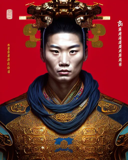 Prompt: portrait of a chinese masculine male cyberpunk machine, machine face, upper half portrait, decorated with chinese opera motifs, muscular, asian, fine china, wuxia, traditional chinese art intricate intense elegant 京 剧 highly detailed digital painting artstation concept art smooth sharp focus illustration, art by artgerm and greg rutkowski alphonse mucha 8 k