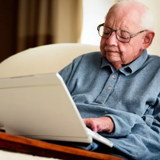 Image similar to elderly man sitting inside a casket browsing internet on laptop from a casket casket, award winning photo