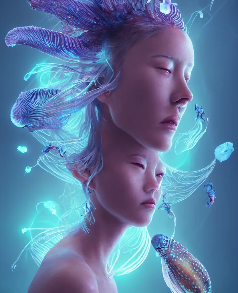 Image similar to goddess close-up portrait. jellyfish phoenix head, nautilus, orchid, skull, betta fish, bioluminiscent creatures, intricate artwork by Tooth Wu and wlop and beeple. octane render, trending on artstation, greg rutkowski very coherent symmetrical artwork. cinematic, hyper realism, high detail, octane render, 8k