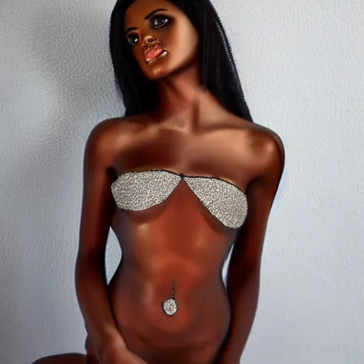 Image similar to stunning ebony goddess in shimmering low cut strapless dress, hyper realistic, 4 k