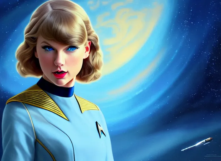 Image similar to a disney film still of taylor swift as a star trek officer, finely detailed features, closeup of the face, perfect art, dusk, blue hour, gapmoe yandere grimdark, trending on pixiv fanbox, painted by greg rutkowski, makoto shinkai, takashi takeuchi, alphonse mucha, akihiko yoshida