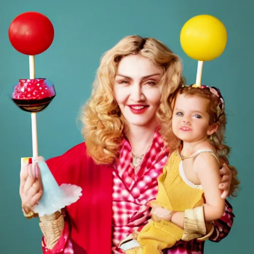 Image similar to stock photo. madonna and child, holding candy. jar of candy. lollipop, candy bar, gumdrop, fudge.