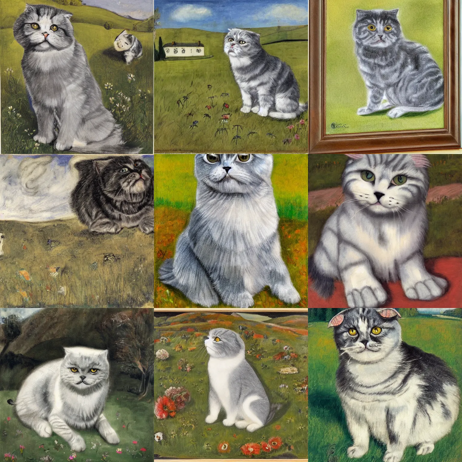 Prompt: a gray scottish fold sitting in the middle of sunny meadow, by otto dix
