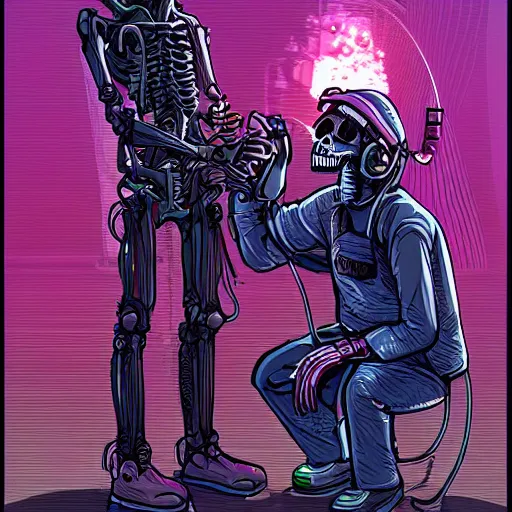 Image similar to cyberpunk skeleton maintenance worker fixing a modem, sharp lines, digital, artstation, colored in