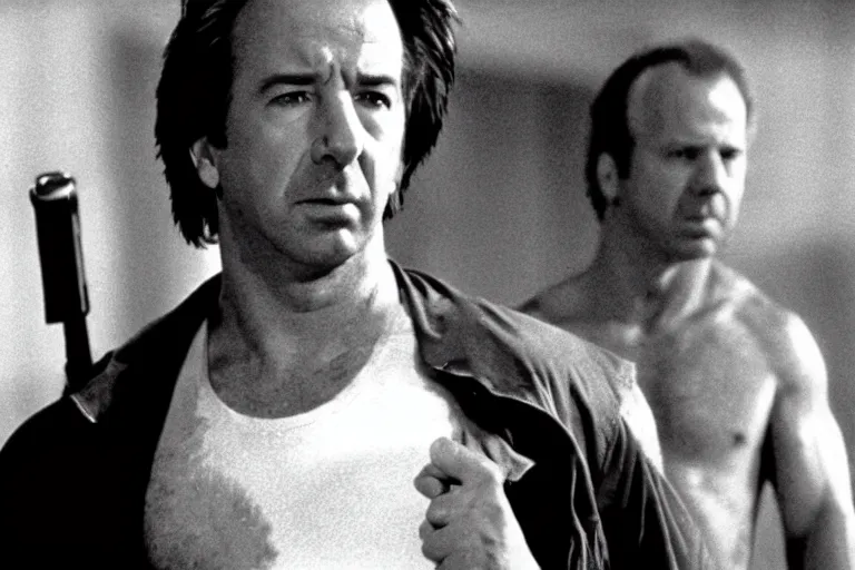 Image similar to film still of Alan Rickman as John McClane in Die Hard 1988