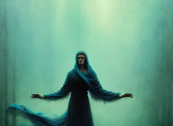 Prompt: a ghost in the turquoise - fog in the void, black background hyperrealism, no blur, 4 k resolution, ultra detailed, style of carlos schwabe, dariusz zawadzki, tom bagshaw, tom bagshaw, ismail inceoglu, robert mccall