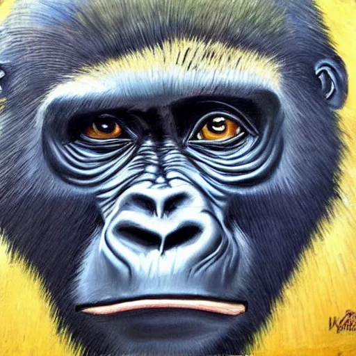 Image similar to a painting of a gorilla, hyper realistic painting in style of van gogh