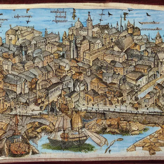 Prompt: medieval town with ports and road, map, technical drawing, intricate detailed schematic, diagram, manuscript