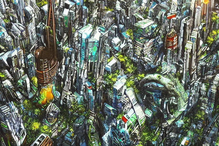 Image similar to birds eye view of a gigantic drift wood monster looming over a bright and lush futuristic city by Makoto Aida