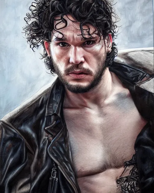 Prompt: portrait of kit harrington, gritty, dark, wearing a undone leather jacket, bare-chested, very detailed eyes, hyperrealistic, very detailed painting by Glenn Fabry, by Joao Ruas, by Artgerm, mfs shot