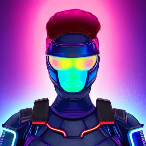 Image similar to a stunning upper body portrait of a beautiful young woman wearing futuristic navy blue and teal battle bodyarmor with pauldrons and inset glowing fine neon lines and ombre purple and pink hairstyle with hair blowing in the wind, by marvel comics, highly detailed, fine detail, intricate, digital art, trending on artstation