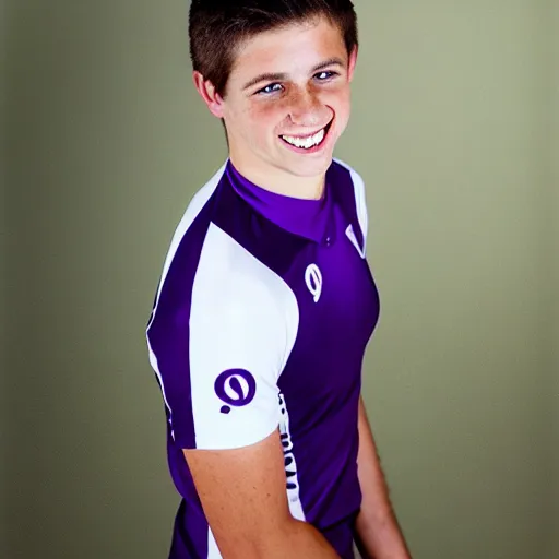 Image similar to photographic portrait by Annie Leibovitz of a young white male smiling with short brown hair that sticks up in the front, dark eyes, groomed eyebrows, tapered hairline, sharp jawline, wearing a purple white volleyball jersey, sigma 85mm f/1.4, 15mm, 35mm, 4k, high resolution, 4k, 8k, hd, full color