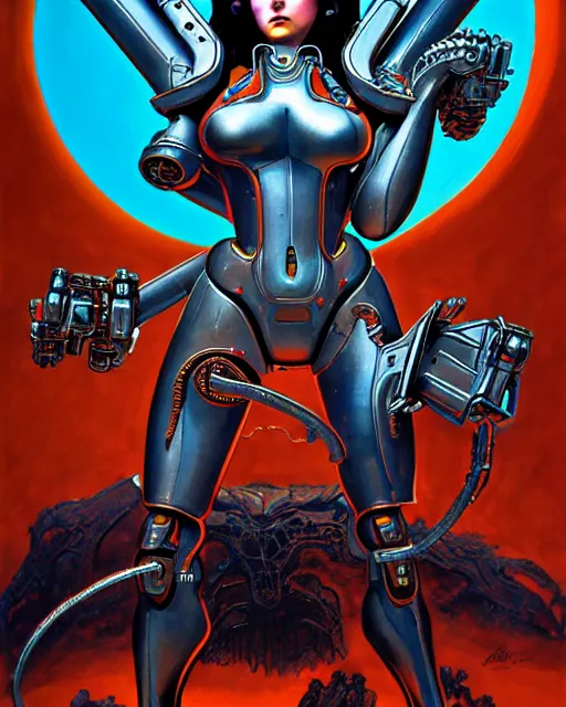 Image similar to d. va from overwatch, heavey metal magazine cover, in the style of r. giger, frank frazetta, and esteban maroto