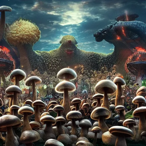 Prompt: low angle POV of a mushroom kaiju attacking a small town, crowds of fleeing people, realistic, 8k