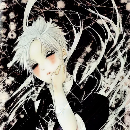 Prompt: Yoshitaka Amano realistic illustration of an anime girl with short white hair and black eyes wearing tuxedo, abstract black and white patterns on the background, noisy film grain effect, highly detailed, Renaissance oil painting