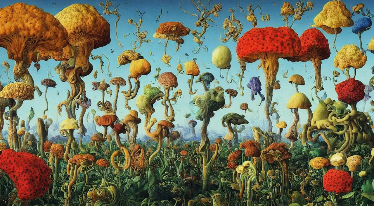 Image similar to a single colorful! ( lovecraftian ) fungus white! clear empty sky, a high contrast!! ultradetailed photorealistic painting by jan van eyck, audubon, rene magritte, agnes pelton, max ernst, walton ford, andreas achenbach, ernst haeckel, hard lighting, masterpiece