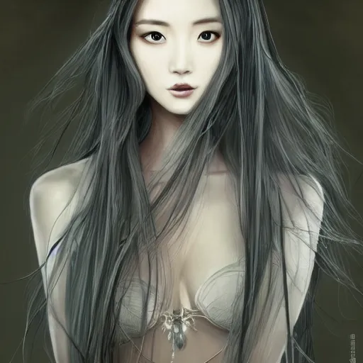 Image similar to a drawing of a woman looks like chinese actress bingbing fan, with long white hair, a character portrait by yoshitaka amano, featured on pixiv, fantasy art, official art, androgynous, anime