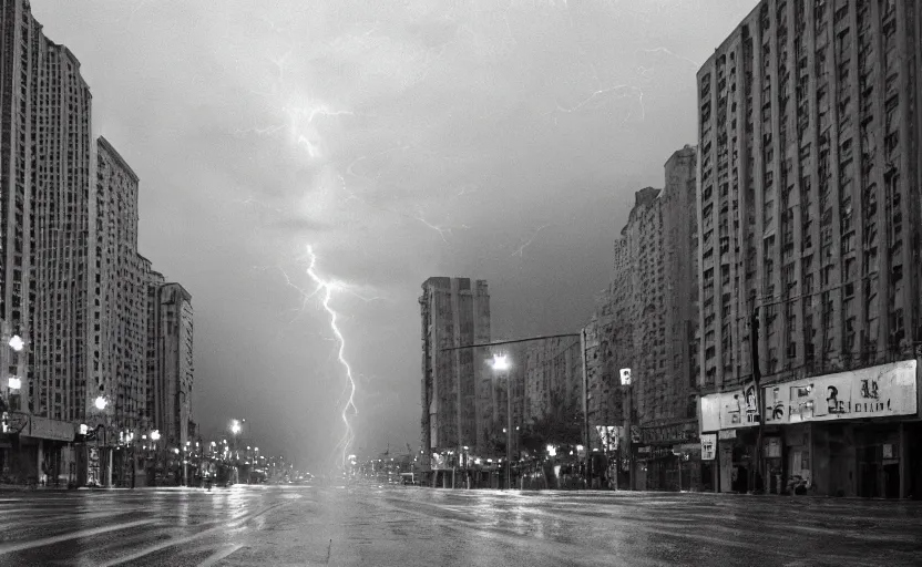 Image similar to 1990s movie still of a yougoslavian street with a giant riot with stalinist style highrise, Cinestill 800t 18mm, heavy grainy picture, very detailed, high quality, 4k panoramic, HD criterion, dramatic lightning, streetlight at night, rain, fog