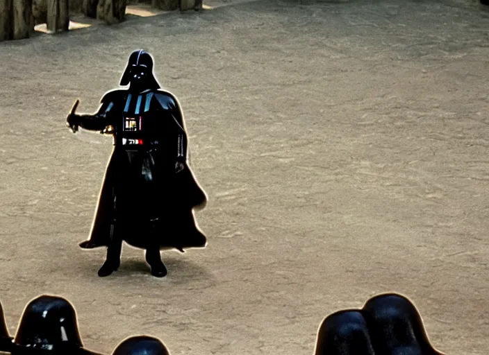 Prompt: film still of Darth Vader as Maximus in the arena with his arms out saying are you not entertained in Gladiator 2000, 4k