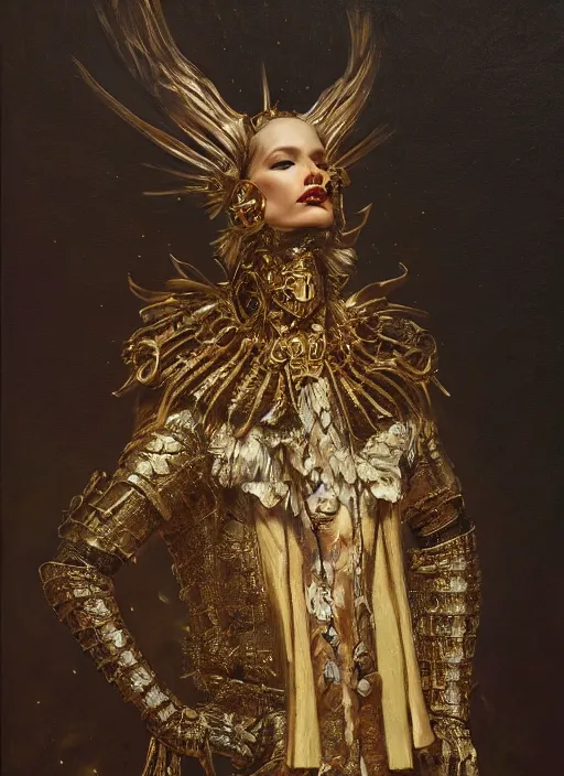Image similar to highly detailed oil painting | very intricate | cinematic lighting | award - winning | ceremonial blazer armor fashion by alexander mcqueen | by roberto ferri, by tom bagshaw, by j. c. leyendecker and klimt, american romanticism, by austin osman spare, artstation, cgsociety, official art, octane