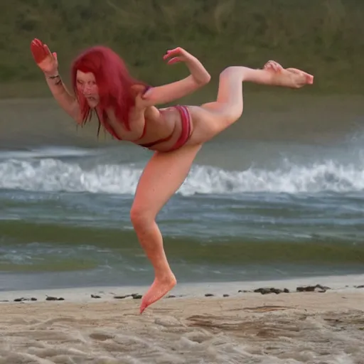 Prompt: gollum twerking on sunny beach, in motion, thunderstorm