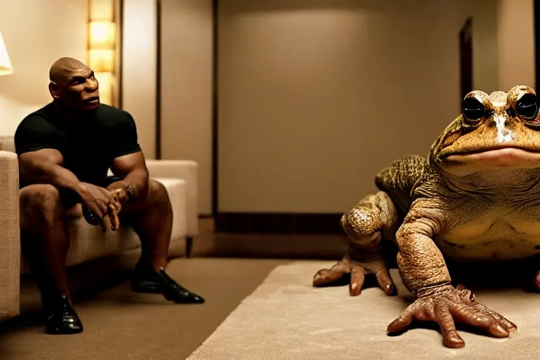 Prompt: a giant toad sitting with mike tyson in a large clean hotel room, on a couch, movie directed by martin scorsese and christopher nolan, masterpiece, 8 h