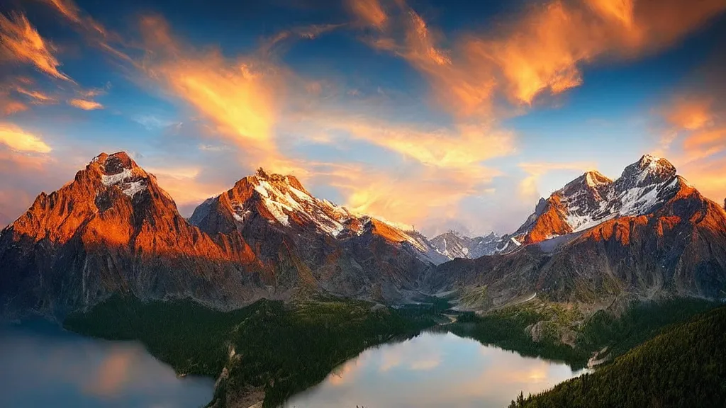 Image similar to amazing eagleview landscape photo of mountains with lake in sunset by marc adamus, beautiful dramatic lighting