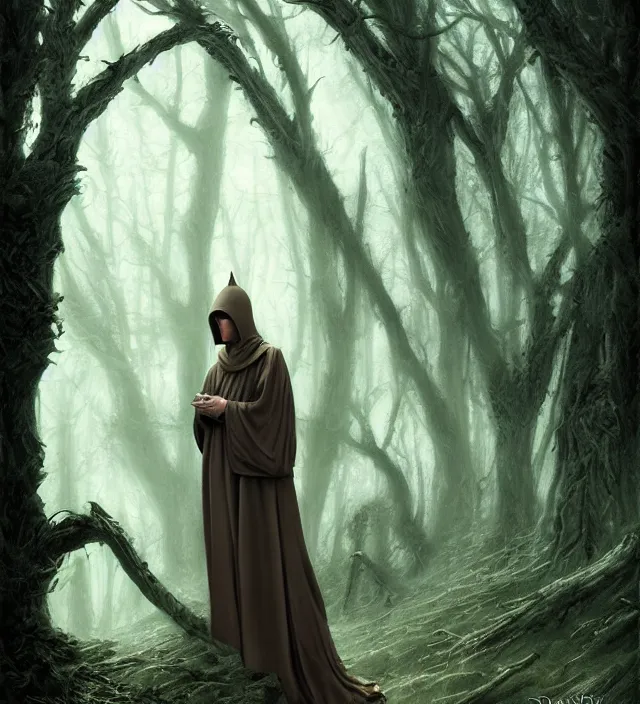 Prompt: hooded monk of the enchanted woods. peace, serenity, stillness, tranquility and a deep sense of magick. cinematic atmospheric lighting, mystical, atmospheric, wicca, painted, intricate, ultra detailed. by dave dorman, well composed, best on artstation, cgsociety, epic, stunning, gorgeous, intricate details, wow, masterpiece