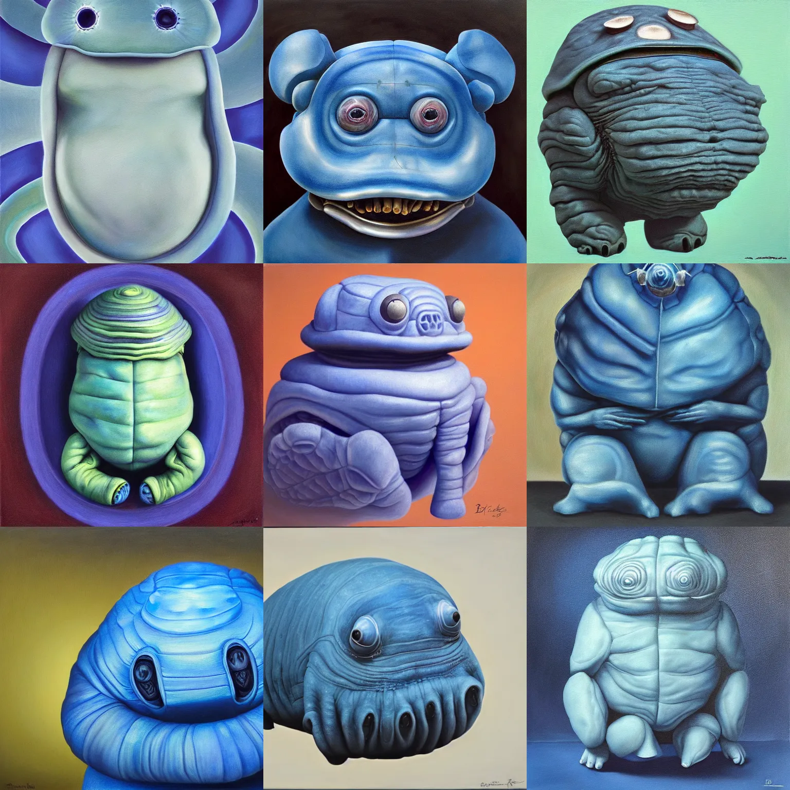 Prompt: the surface of a blue tardigrade, has an stop sign on it, a hyperrealistic painting by bridget bate tichenor, featured on deviantart, hyperrealism, surrealist, airbrush art, chalk art