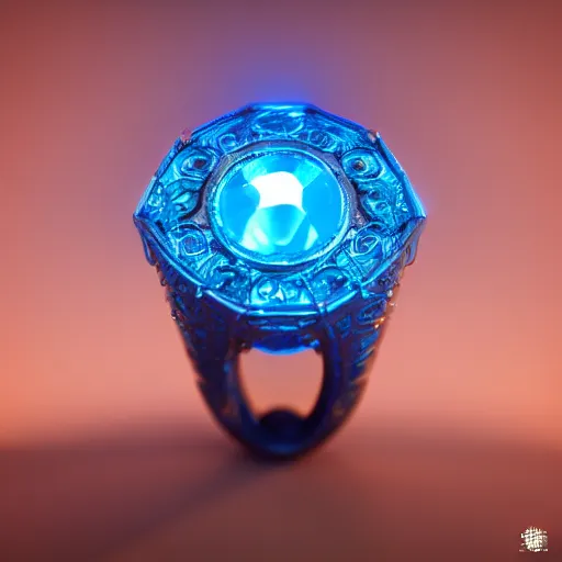 Image similar to a fantasy ring, blue glow, realistic reflections, intricate details, cinematic lighting, depth of field, octane render