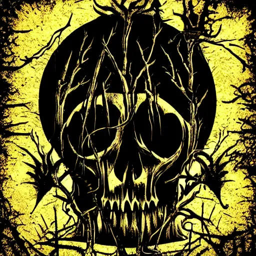 Image similar to dark death metal themed vector illustration for a record label, trees. forest, spikes, skull, microphone, skull, award winning, grunge, iconic, golden ratio