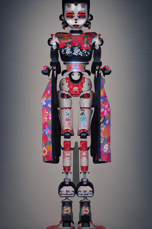 Image similar to full body portrait of a Japanese robot geisha with kanji tattoos and decals wearing a digital pixelated kimono, intricate design, photorealistic, octane render, raytraced, ultra fine detailed, character design, trending on artstation