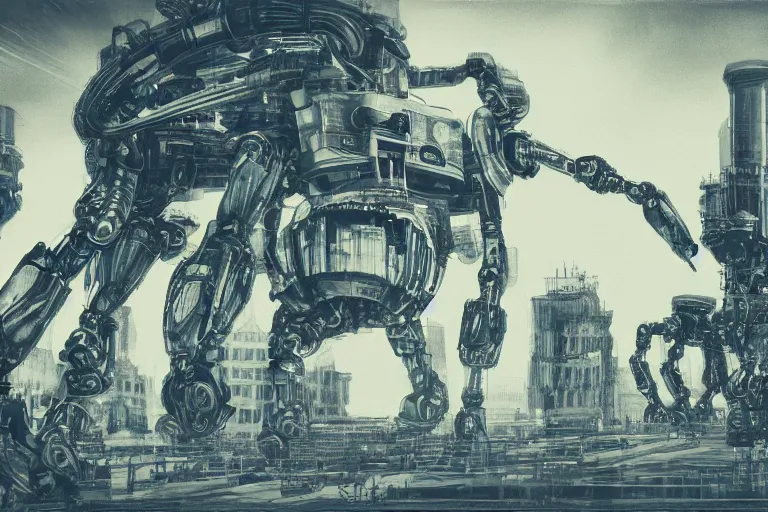 Image similar to ''robotic giant machines, chaotic atmosphere, blurry, cinematic, drawing''