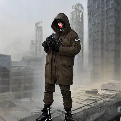 Prompt: A broad shouldered, muscular man wearing Acronym p-31 Ds pants and beige-earth Parka jacket and Nike Acronym presto sneakers, rooftop, sniper rifle stationed in background, Police sirens shining in far background, trending on r/techwearclothing, high quality, digital art, dirty cyberpunk city, rain, greg rutkowski