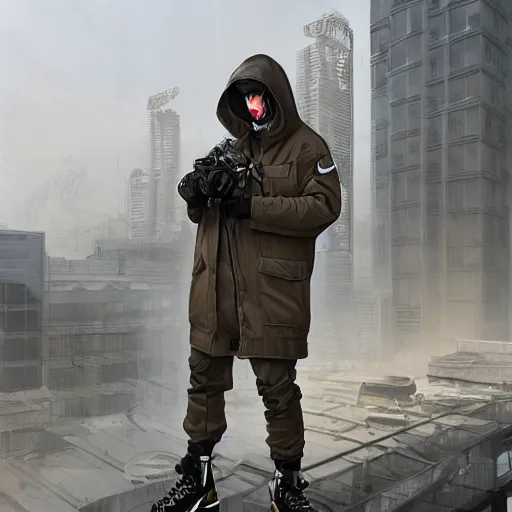 Image similar to A broad shouldered, muscular man wearing Acronym p-31 Ds pants and beige-earth Parka jacket and Nike Acronym presto sneakers, rooftop, sniper rifle stationed in background, Police sirens shining in far background, trending on r/techwearclothing, high quality, digital art, dirty cyberpunk city, rain, greg rutkowski