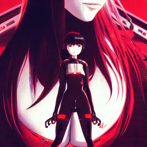 Image similar to A cyborg girl with big and cute red eyes, fine-face, realistic shaded perfect face, fine details. red, black and white robotic parts. Very very anime. Realistic shaded lighting poster by Ilya Kuvshinov katsuhiro otomo ghost-in-the-shell, magali villeneuve, artgerm, Jeremy Lipkin and Michael Garmash, Rob Rey and Kentarõ Miura style, trending on art station