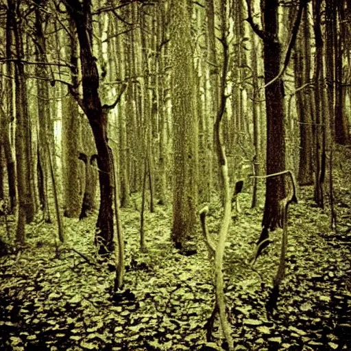 Prompt: grainy old photo of a forest. there is a grey alien in the background, blurry