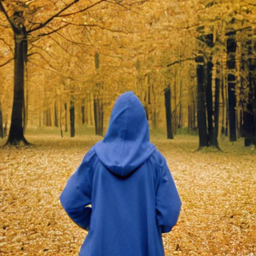 Prompt: woman in blue hooded cloak holds a yellow goblin, kodak vision 3 500t