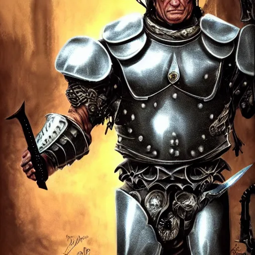 Prompt: arnold schwarzenegger wearing gothic plate armour and holding sword, fantasy, intricate, elegant, artstation, concept art, smooth, sharp focus