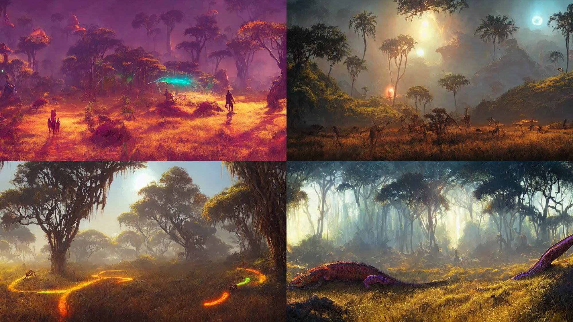 Prompt: glowing lizard holograms, on the savannah, vibrant fantasy concept art by greg rutkowski