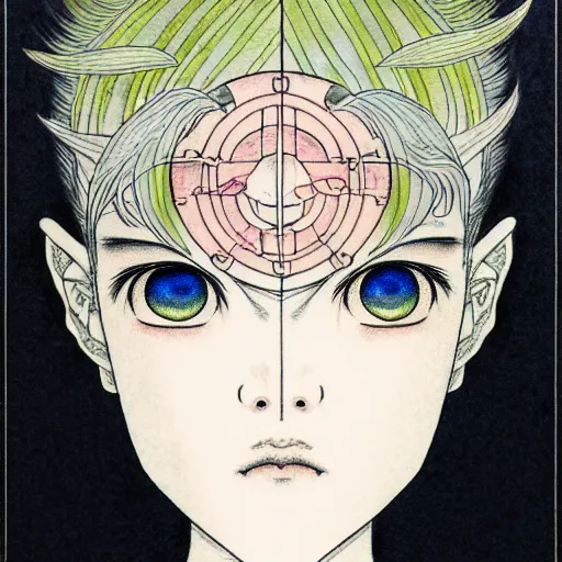 Image similar to prompt: Fragile looking character soft light portrait face drawn by Takato Yamamoto and Katsuhiro Otomo, tattooed face, inspired by Sailor Moon anime, alchemical objects on the side, soft light, intricate detail, intricate gouache painting detail, sharp high detail, manga and anime 2010