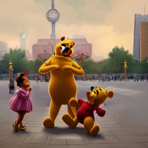 Image similar to winnie the pooh at tiananmen square, award winning photography, extremely detailed, artstation, 8 k, sensual lighting, incredible art, wlop, artgerm